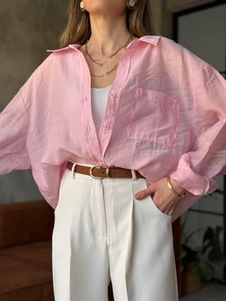 Oli Oversize Tencel Gömlek - Pembe