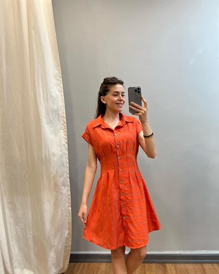 Oranj Yatay-Dikey Çizgili Elbise 