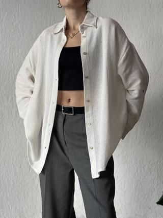 Oversize Basic Keten Gömlek - Beyaz