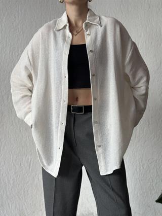 Oversize Basic Keten Gömlek - Beyaz