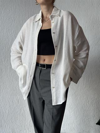 Oversize Basic Keten Gömlek - Beyaz