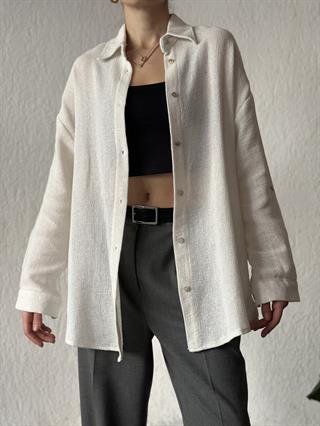 Oversize Basic Keten Gömlek - Beyaz