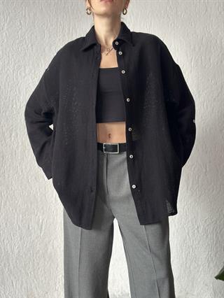 Oversize Basic Keten Gömlek - Siyah