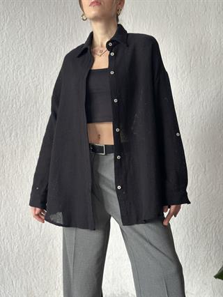 Oversize Basic Keten Gömlek - Siyah