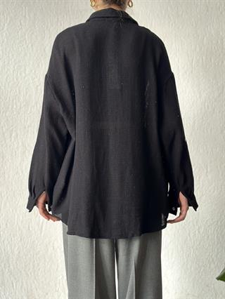 Oversize Basic Keten Gömlek - Siyah