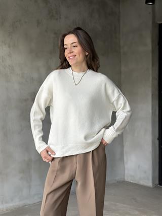 Oversize Basic Triko Kazak - Beyaz