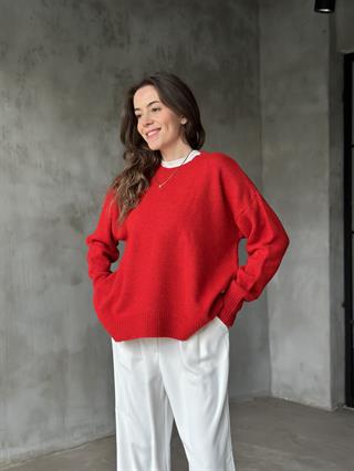 Oversize Basic Triko Kazak - Kırmızı