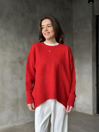Oversize Basic Triko Kazak - Kırmızı