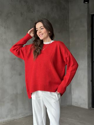 Oversize Basic Triko Kazak - Kırmızı