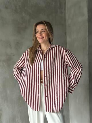Oversize Bordo Çizgili Gömlek