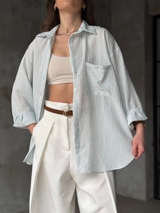 Çizgili Oversize Gömlek - Bebe Mavisi