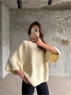 Oversize Fakir Kol Örme Kazak - Krem