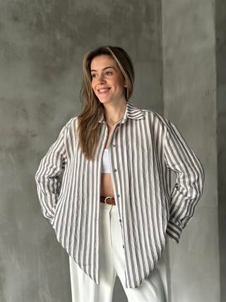 Oversize Gri Çizgili Gömlek
