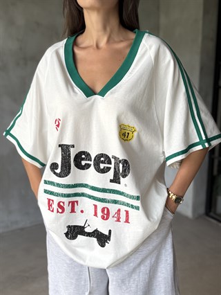 Oversize Jeep Baskılı Kolej Tshirt