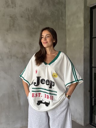 Oversize Jeep Baskılı Kolej Tshirt
