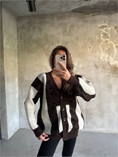 Oversize Kalın Örme Triko Hırka Kahve - Krem