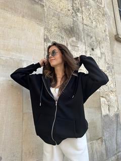 Oversize Kapüşonlu Hırka - Siyah
