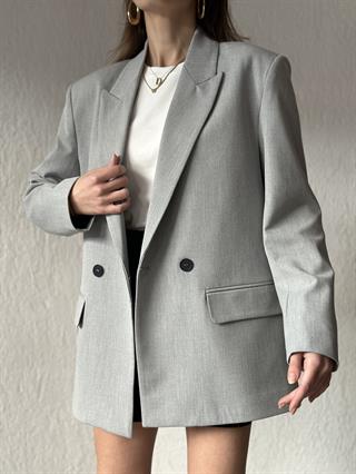Oversize Kruvaze Yaka Blazer Ceket - Gri