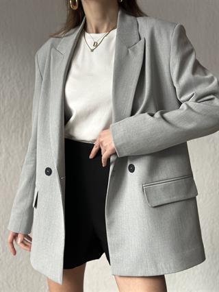 Oversize Kruvaze Yaka Blazer Ceket - Gri