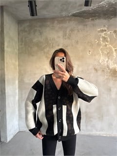 Oversize Örme Triko Hırka Siyah - Krem