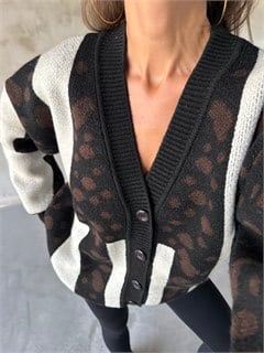 Oversize Örme Triko Hırka Siyah - Krem