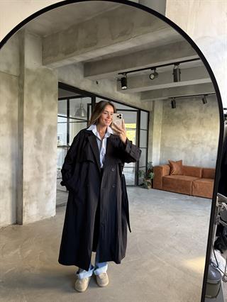 Oversize Su İtici Trençkot - Siyah