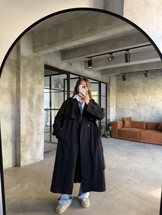 Oversize Su İtici Trençkot - Siyah
