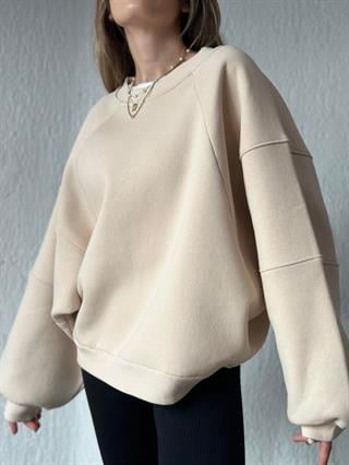 Oversize Unisex Yarasa Kol Sweatshirt - Bej
