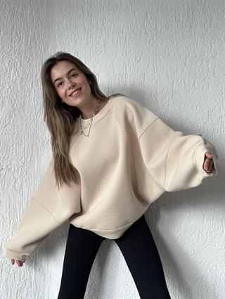 Oversize Unisex Yarasa Kol Sweatshirt - Bej
