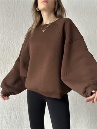 Oversize Unisex Yarasa Kol Sweatshirt - Kahverengi
