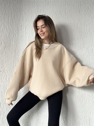 Oversize Unisex Yarasa Kol Sweatshirt - Bej