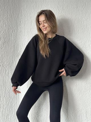 Oversize Unisex Yarasa Kol Sweatshirt - Siyah