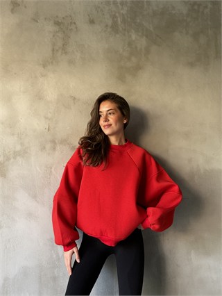 Oversize Yarasa Kol Sweatshirt - Kırmızı