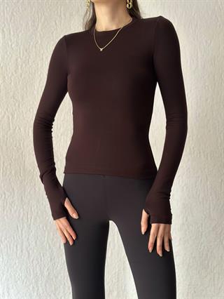 Oysho Basic Uzun Kollu Pamuklu Bluz - Acı Kahve
