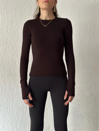 Oysho Basic Uzun Kollu Pamuklu Bluz - Acı Kahve