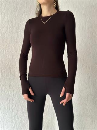 Oysho Basic Uzun Kollu Pamuklu Bluz - Acı Kahve