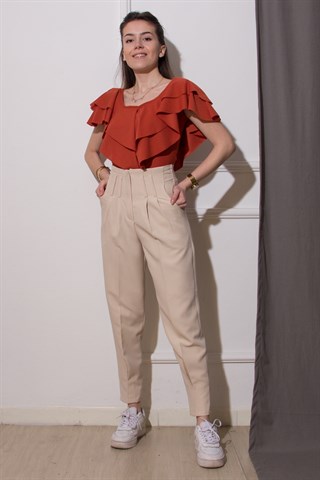 Paça Pensli Kumaş Pantolon - Krem