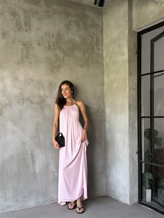 Pamuk Saten Sırt Dekolteli Elbise - Pembe