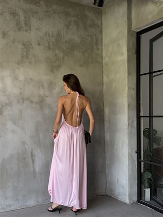 Pamuk Saten Sırt Dekolteli Elbise - Pembe
