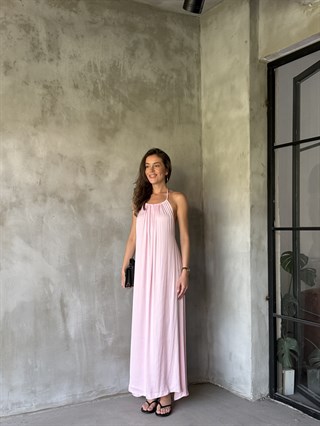 Pamuk Saten Sırt Dekolteli Elbise - Pembe