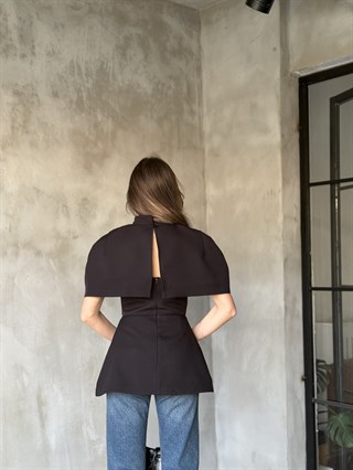 Pelerin Detaylı Straplez Bluz - Siyah