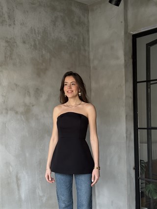 Pelerin Detaylı Straplez Bluz - Siyah