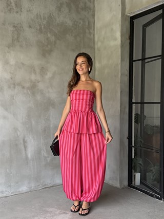 Pembe Çizgili Bluz Pantolon Takım 