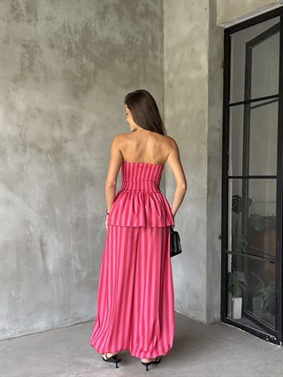 Pembe Çizgili Bluz Pantolon Takım 
