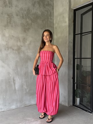 Pembe Çizgili Bluz Pantolon Takım 