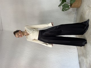 Pileli Saten Pantolon - Siyah