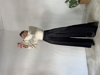 Pileli Saten Pantolon - Siyah