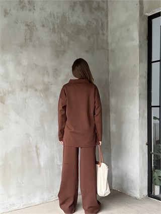 Polo Yaka Oversize Triko Takım - Kahverengi