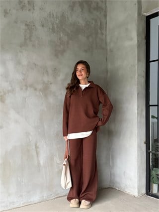 Polo Yaka Oversize Triko Takım - Kahverengi - Dominatrend