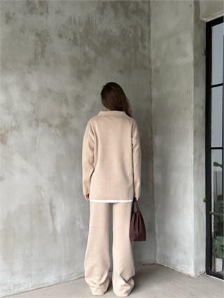 Polo Yaka Oversize Triko Takım - Krem